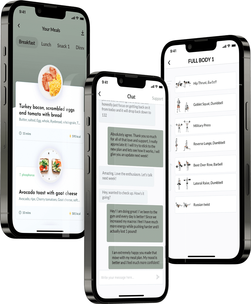 Image of iPhones showing various online coaching features (nutrition and workout planning and a chat support)